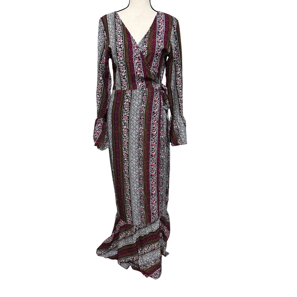 R.Vivimos Womens Boho Wrap Maxi Dress Floral Stripe Bell Sleeve Burgundy Small